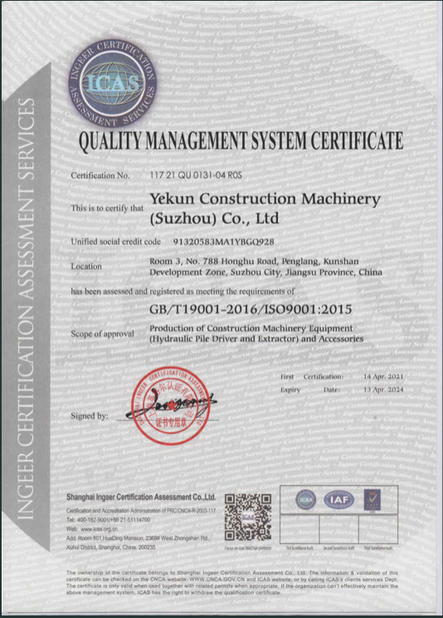 Trung Quốc Shanghai Yekun Construction Machinery Co., Ltd. Chứng chỉ